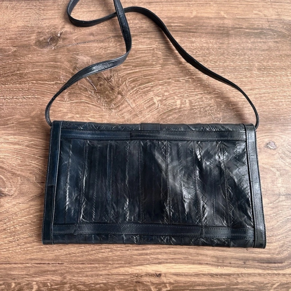 Vintage Eel Skin Leather Clutch
Shoulder Bag Black Blue Fold Over
Envelope Purse